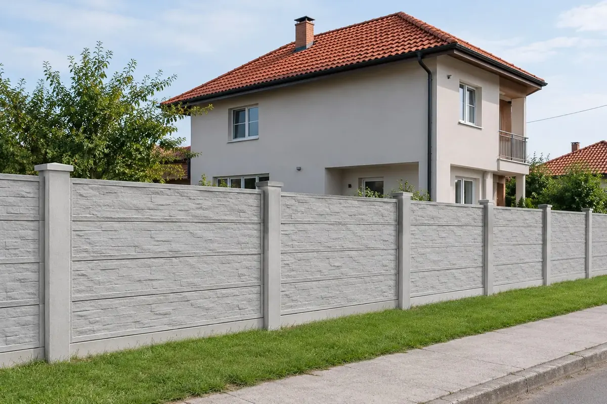 Betonske ograde Beograd: montažna betonska ograda od sivih ploča sa reljefom, ispred porodične kuće