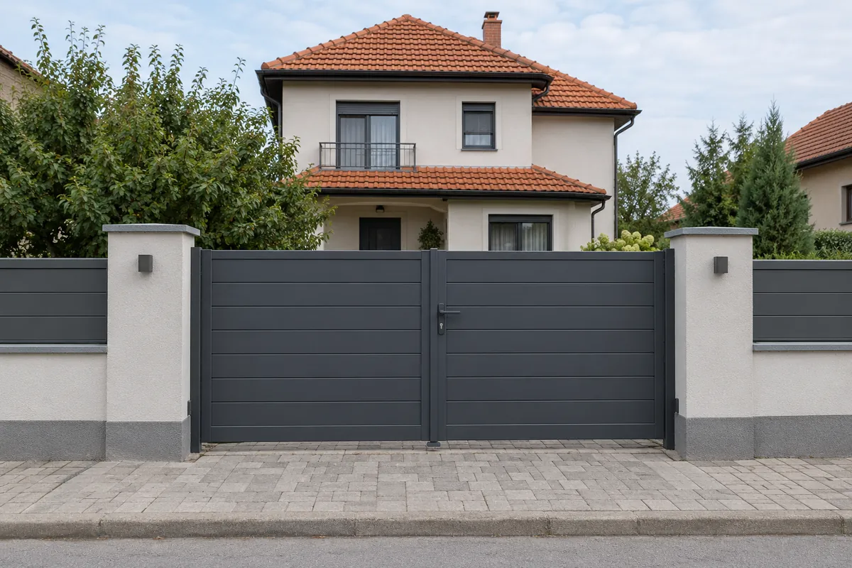 Kapije za dvorište Beograd: dvokrilna metalna kapija u boji antracita između zidanih stubova, ispred porodične kuće