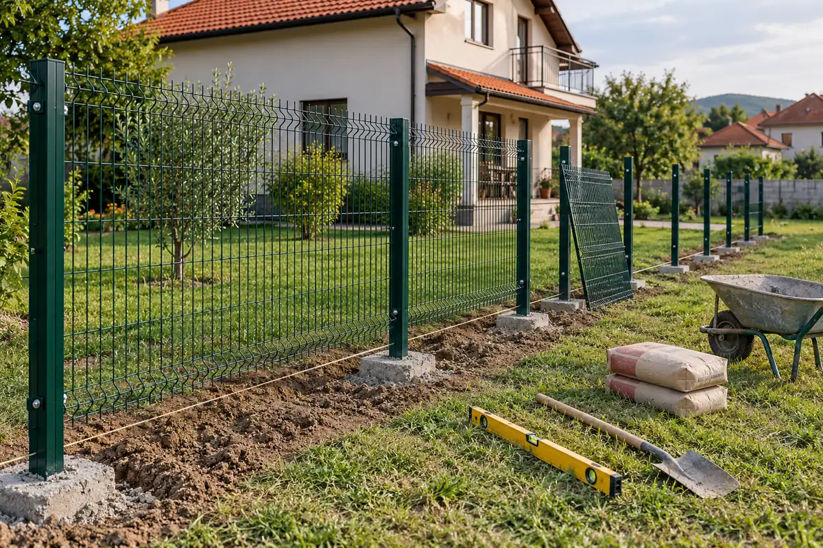 Montaža ograde Beograd: zelena 3D panelna ograda, stubovi u betonu poravnati po zategnutom kanapu, libela i lopata na travi ispred kuće